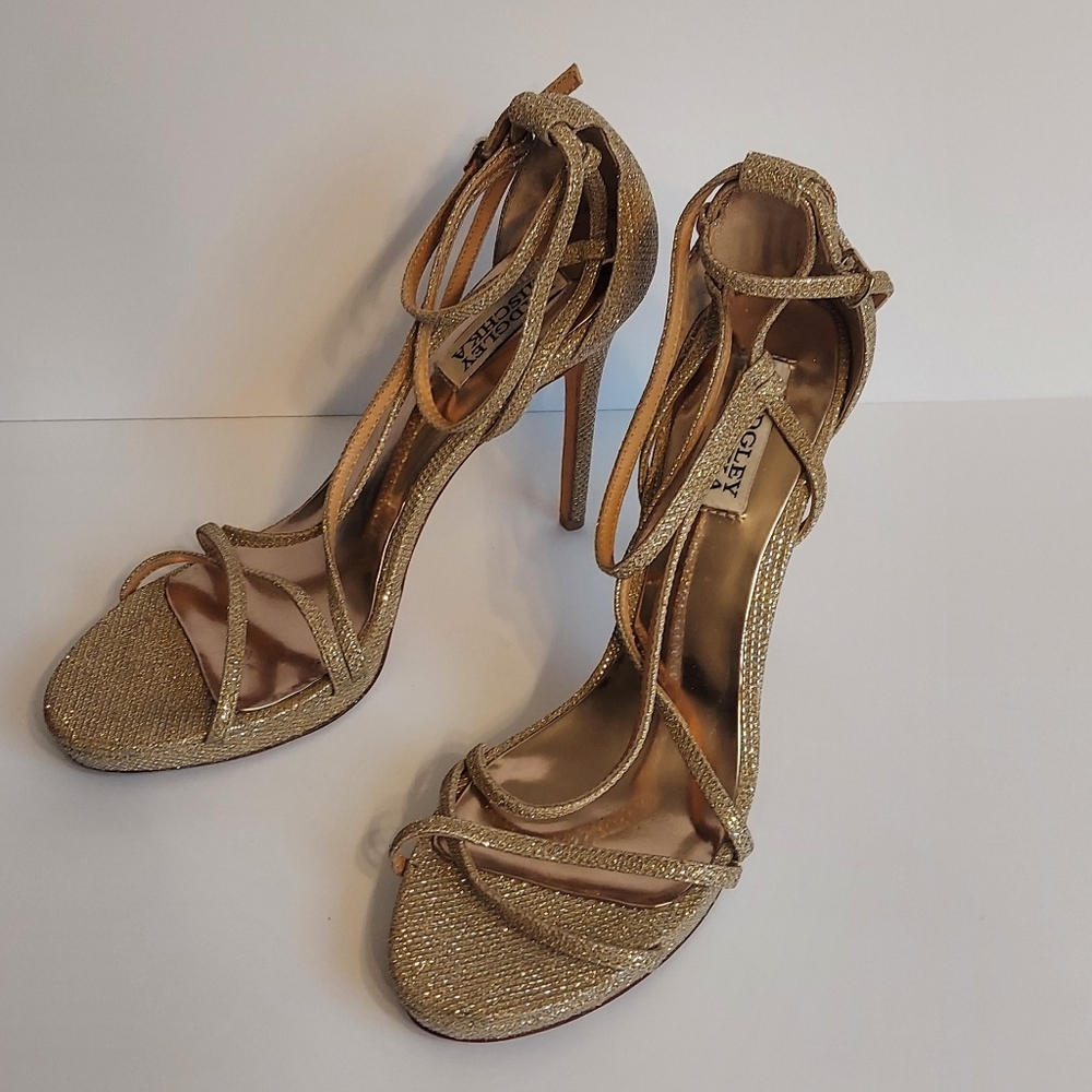 Bagdley Mischka Gold Glitter Strappy Heels Sz. 8  Prom Wedding Guest Cocktail